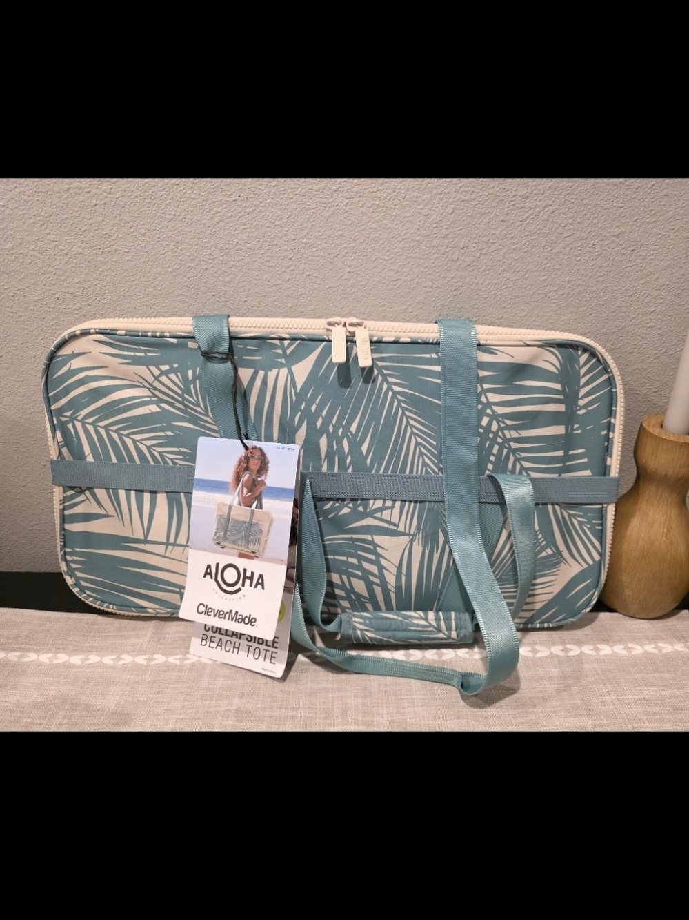 ALOHA + CleverMade Collapsible Beach Tote - Teal & Cream 🌺 🌿 🌊